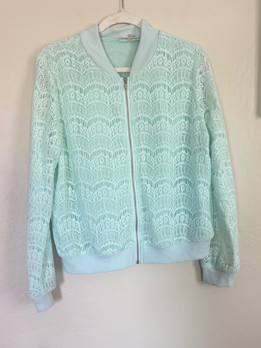 LoveShackFancy Blue Lace Bomber Jacket Women's M Mint Crochet Romantic